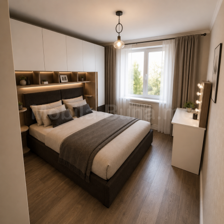 Mobilier dormitor cu dulapuri integrate, pat  și masă de toaletă cu iluminare LED A-97